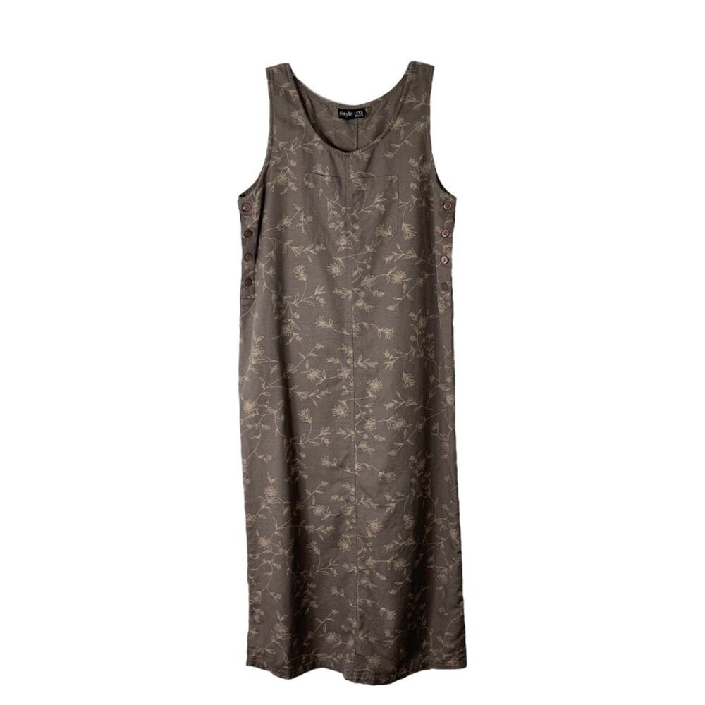 Vintage grey tan taupe linen floral button overall coastal maxi dress 12P